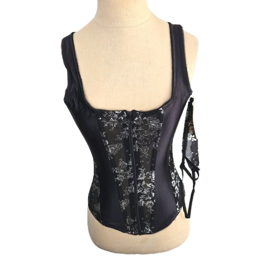 Empire‎ Intimates Vtg Black Silver Corset Bustier Top Thong Size 32 Lingerie USA